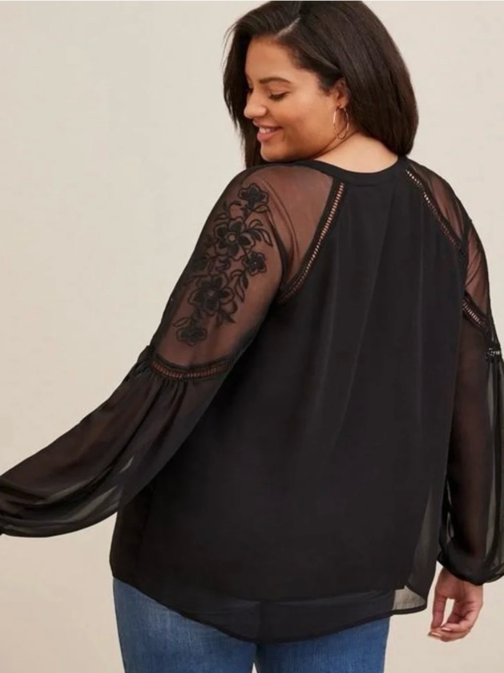 Torrid Black Crinkle Chiffon Embroidered Sheer Floral Lace Peasant Top Size 2X